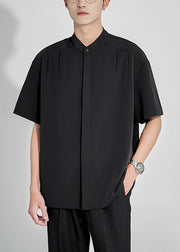 New White Stand Collar Button Ice Silk Men Shirts Summer