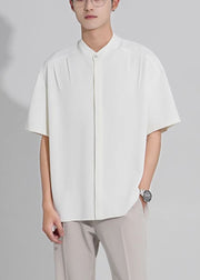 New White Stand Collar Button Ice Silk Men Shirts Summer
