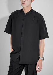New White Stand Collar Button Ice Silk Men Shirts Summer