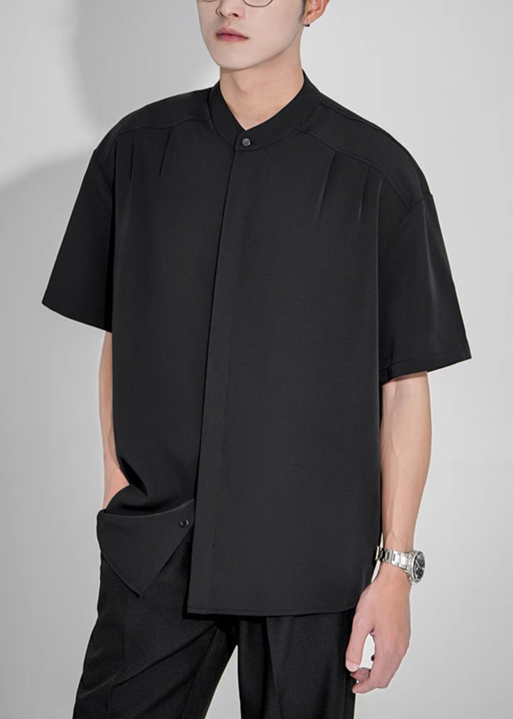 New White Stand Collar Button Ice Silk Men Shirts Summer