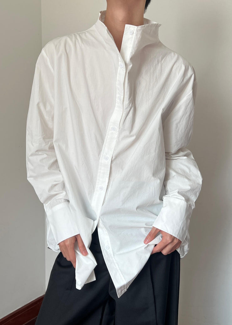 New White Stand Collar Button Solid Cotton Mens Shirts Fall