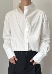 New White Stand Collar Button Solid Cotton Mens Shirts Fall