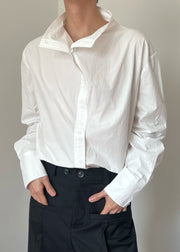 New White Stand Collar Button Solid Cotton Mens Shirts Fall