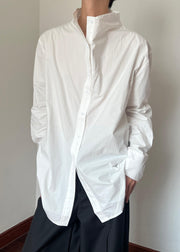 New White Stand Collar Button Solid Cotton Mens Shirts Fall