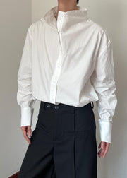 New White Stand Collar Button Solid Cotton Mens Shirts Fall