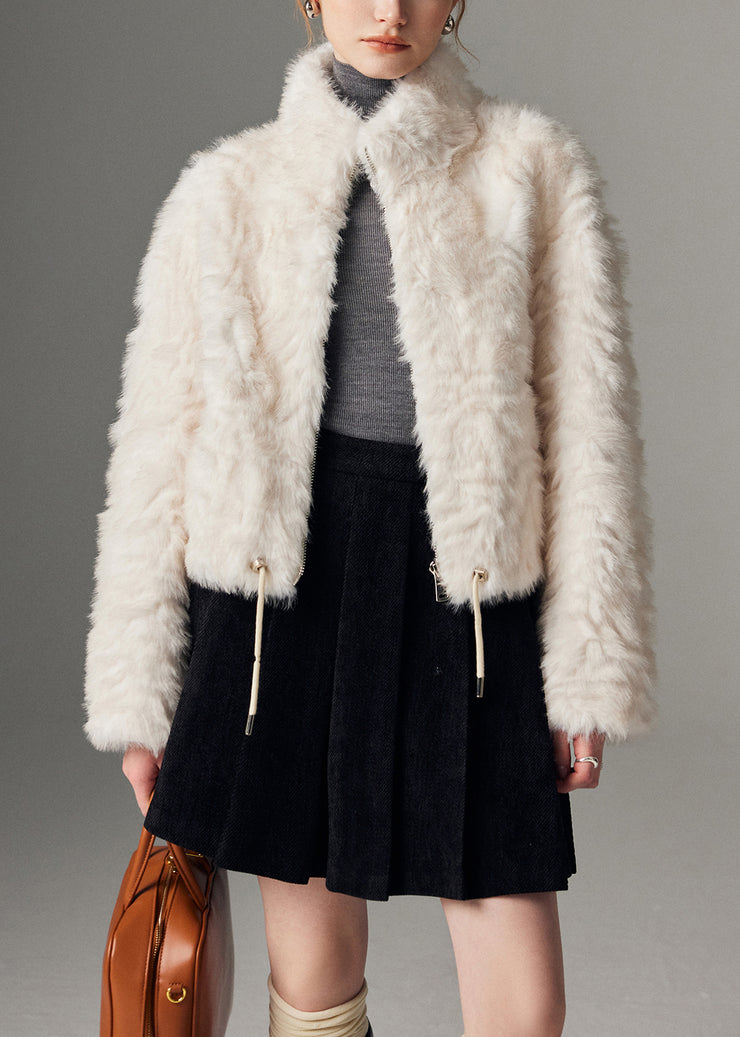 New White Stand Collar Leather Zippered Cinched And Fur Coats Winte