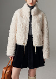 New White Stand Collar Leather Zippered Cinched And Fur Coats Winte