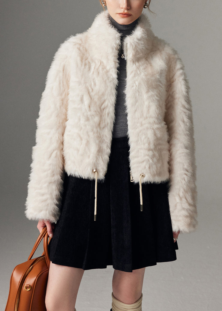 New White Stand Collar Leather Zippered Cinched And Fur Coats Winte