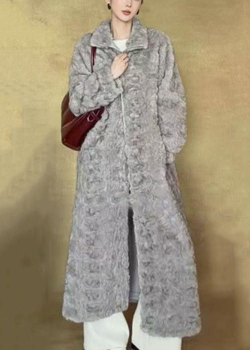 New White Stand Collar Zippered Wear On Both Sides Fuzzy Fur Long Coat Winter