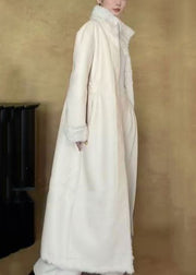 New White Stand Collar Zippered Wear On Both Sides Fuzzy Fur Long Coat Winter