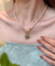 New White Sterling Silver Overgild Jade Pearl Pendant Necklace