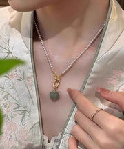 New White Sterling Silver Overgild Jade Pearl Pendant Necklace