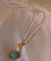 New White Sterling Silver Overgild Jade Pearl Pendant Necklace