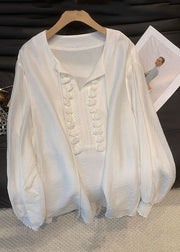 New White Tasseled Lace Up Cotton Shirt Tops Fall