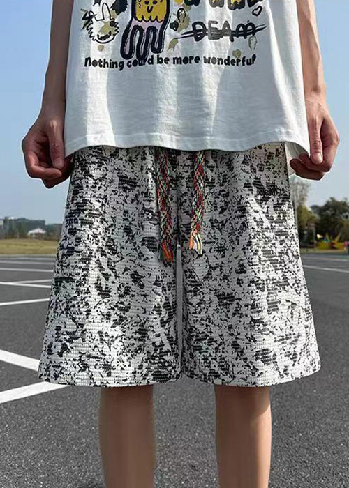 New White Tie Dye Elastic Waist Cotton Men Shorts Summer