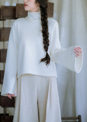 New White Turtleneck Ruffled Knit Sweater Tops Flare Sleeve