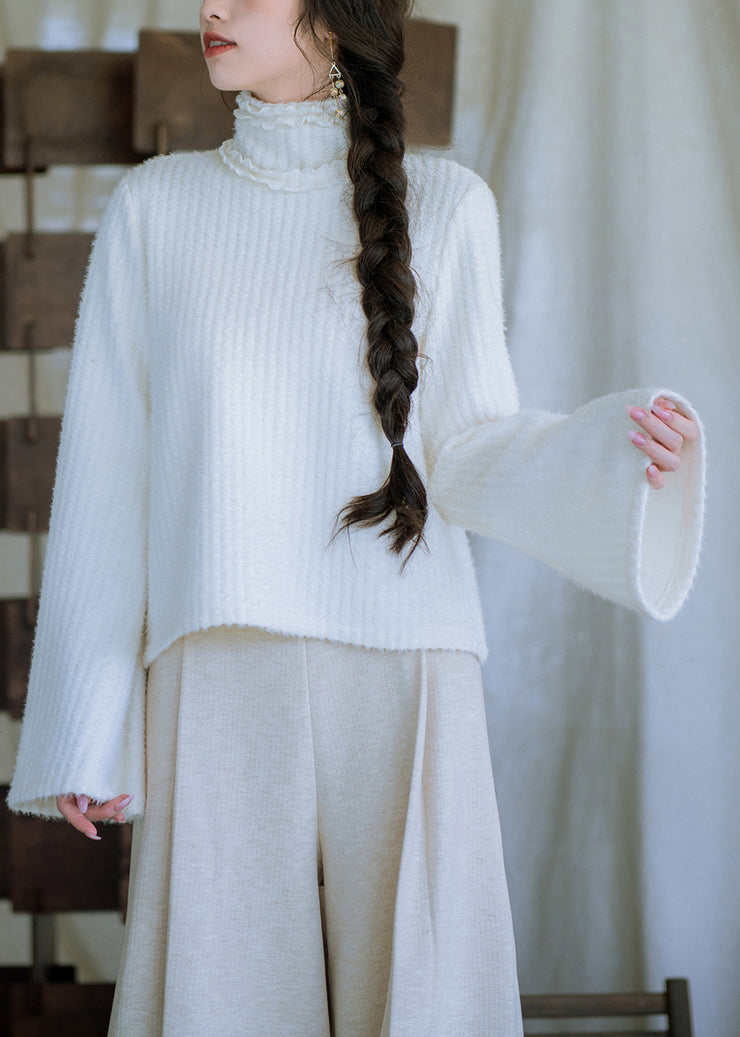 New White Turtleneck Ruffled Knit Sweater Tops Flare Sleeve