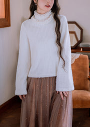 New White Turtleneck Ruffled Knit Sweater Tops Flare Sleeve