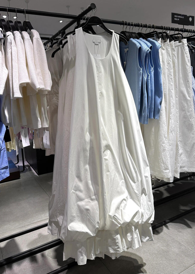 New White U Neck Solid Cotton Long Dresses Dresses Sleeveless
