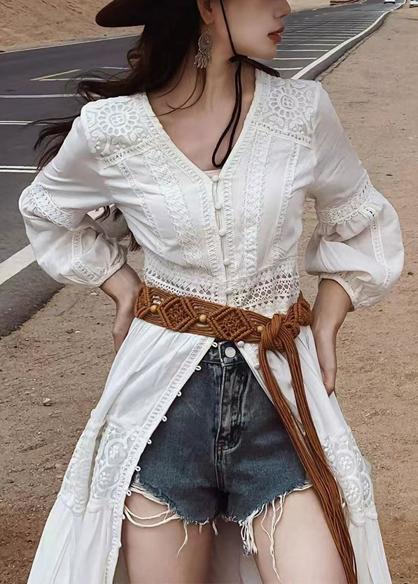 New White V Neck Button Lace Cotton Blouses Dresses Fall