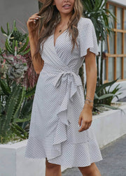 New White V Neck Dot Tie Waist Cotton Dress Summer