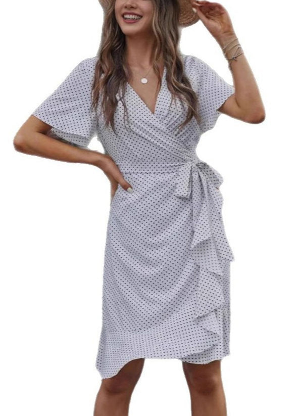 New White V Neck Dot Tie Waist Cotton Dress Summer