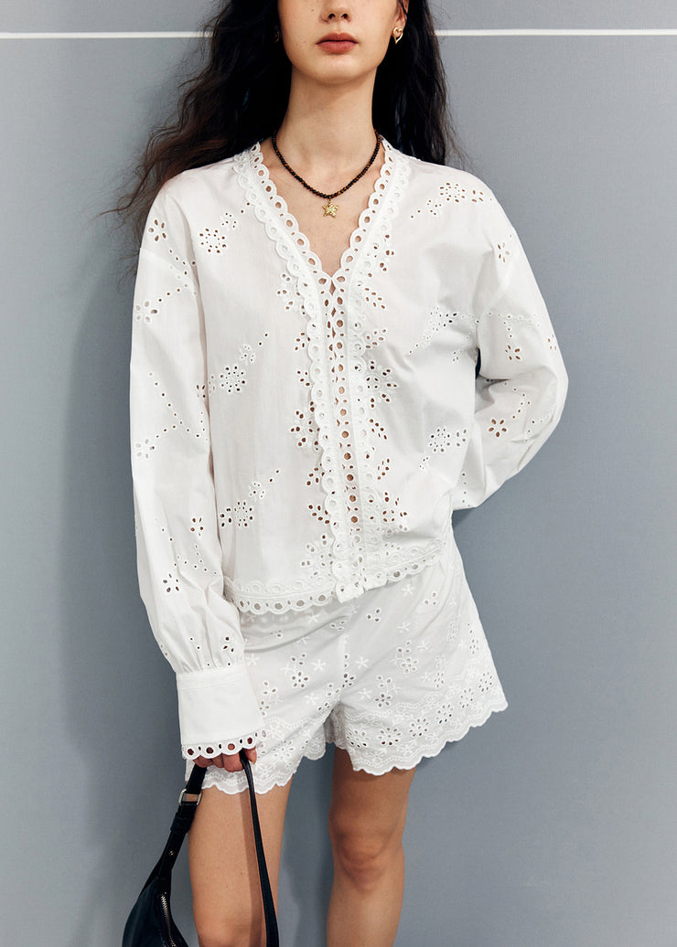 New White V Neck Hollow Out Shirts And Shorts Cotton Two Pieces Set Fall