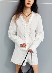 New White V Neck Hollow Out Shirts And Shorts Cotton Two Pieces Set Fall