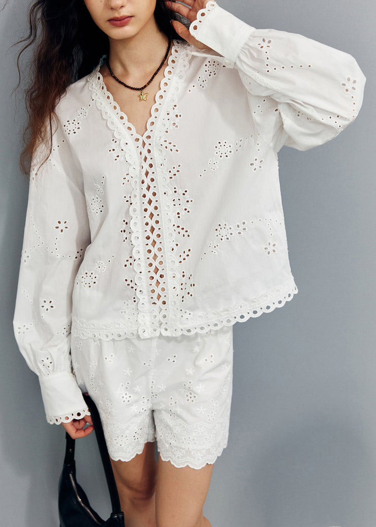 New White V Neck Hollow Out Shirts And Shorts Cotton Two Pieces Set Fall