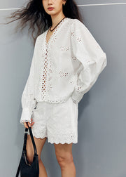 New White V Neck Hollow Out Shirts And Shorts Cotton Two Pieces Set Fall