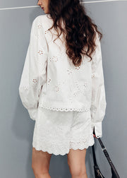 New White V Neck Hollow Out Shirts And Shorts Cotton Two Pieces Set Fall