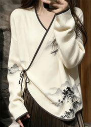 New White V Neck Landscape Painting Lace Up Knit Sweater Fall