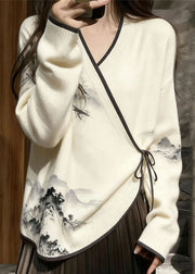 New White V Neck Landscape Painting Lace Up Knit Sweater Fall