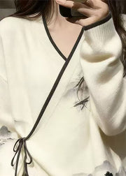 New White V Neck Landscape Painting Lace Up Knit Sweater Fall