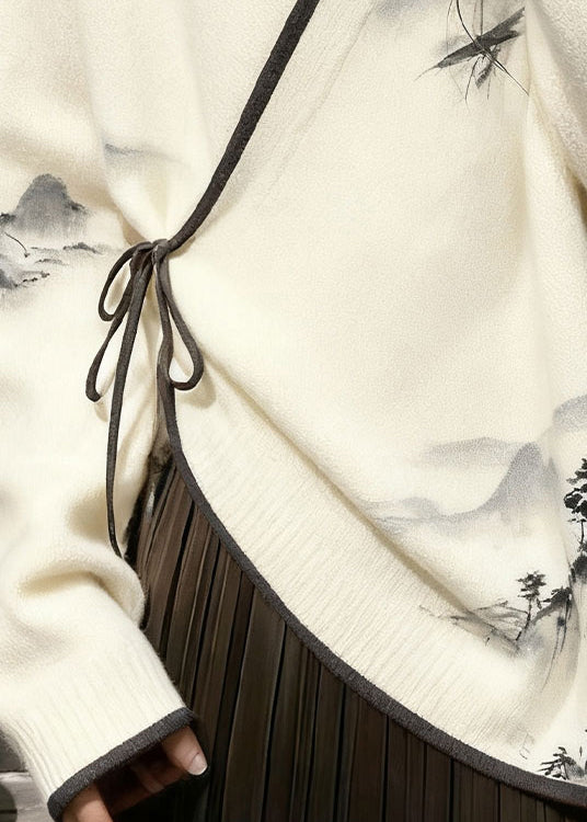 New White V Neck Landscape Painting Lace Up Knit Sweater Fall