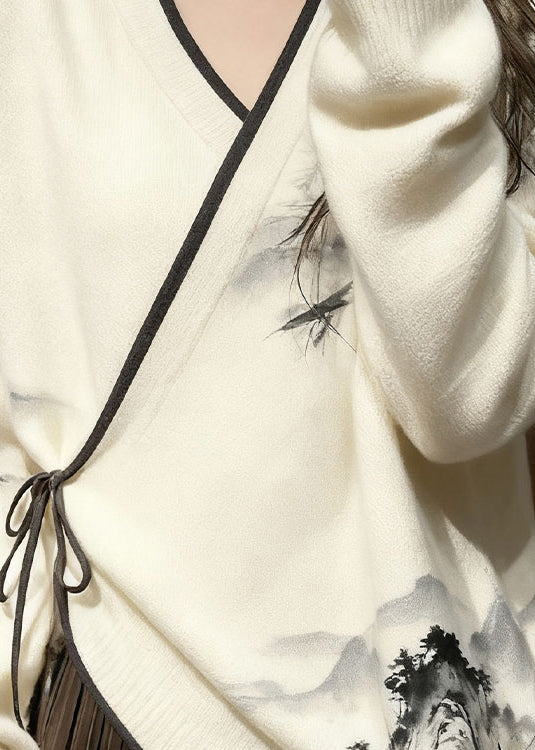 New White V Neck Landscape Painting Lace Up Knit Sweater Fall
