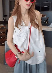 New White V Neck Print Cotton Tank Sleeveless