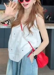 New White V Neck Print Cotton Tank Sleeveless