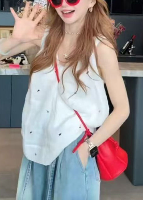 New White V Neck Print Cotton Tank Sleeveless