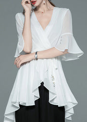 New White V Neck Tie Waist Chiffon Blouses Butterfly Sleeve