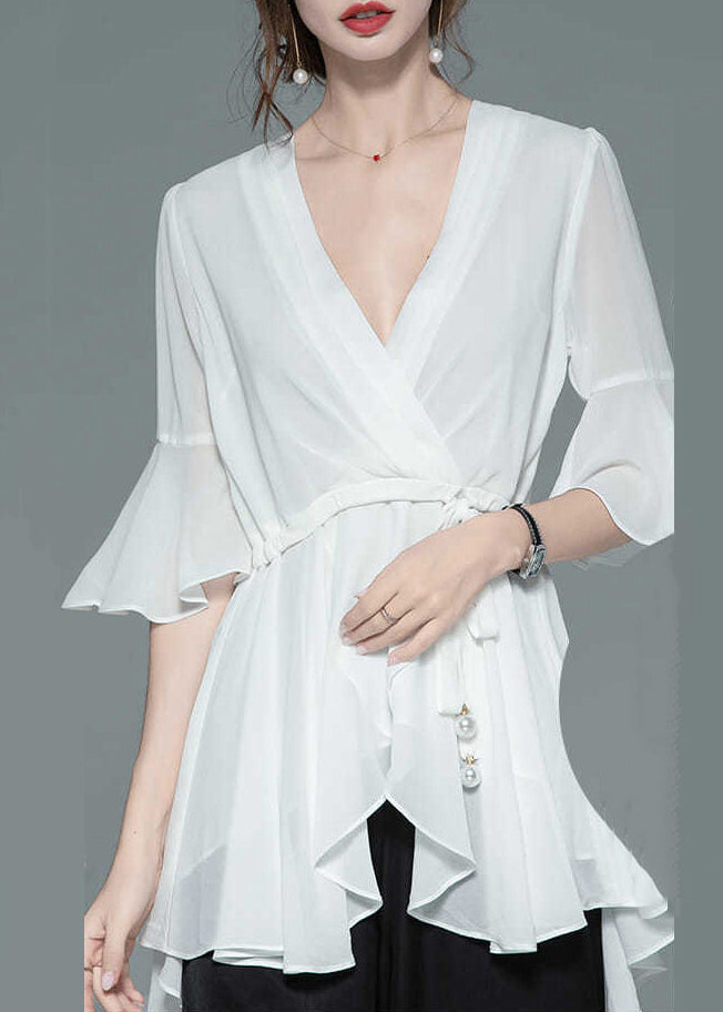 New White V Neck Tie Waist Chiffon Blouses Butterfly Sleeve