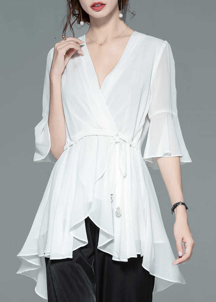 New White V Neck Tie Waist Chiffon Blouses Butterfly Sleeve