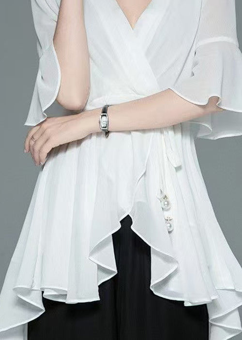 New White V Neck Tie Waist Chiffon Blouses Butterfly Sleeve
