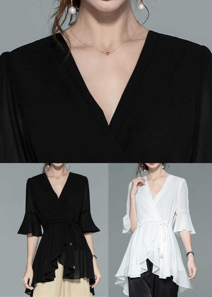 New White V Neck Tie Waist Chiffon Blouses Butterfly Sleeve