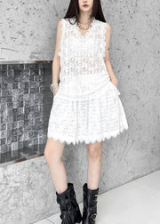 New White V Neck Top And Shorts Lace Two Pieces Set Summer