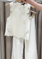 New White Zippered Hollow Out Solid Cotton Two Pieces Set Sleeveless