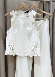 New White Zippered Hollow Out Solid Cotton Two Pieces Set Sleeveless