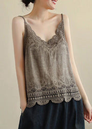 New Wine Red Hollow Out Lace Linen Spaghetti Strap Tanks Sleeveless