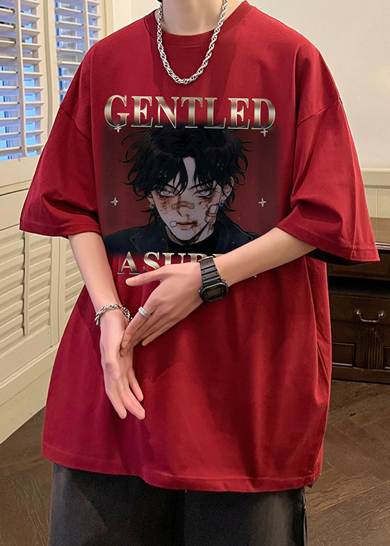 New Wine Red Print Oversized Cotton Mens T Shirts Half Sleeve