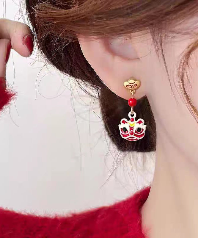 New Year Red Copper Alloy Lion Dance Asymmetrical Drop Earrings